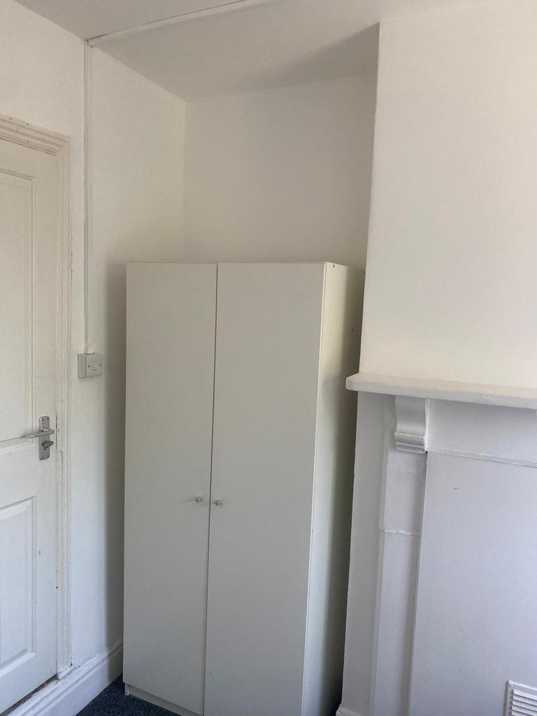 Bright bedroom corner with a tall white double-...