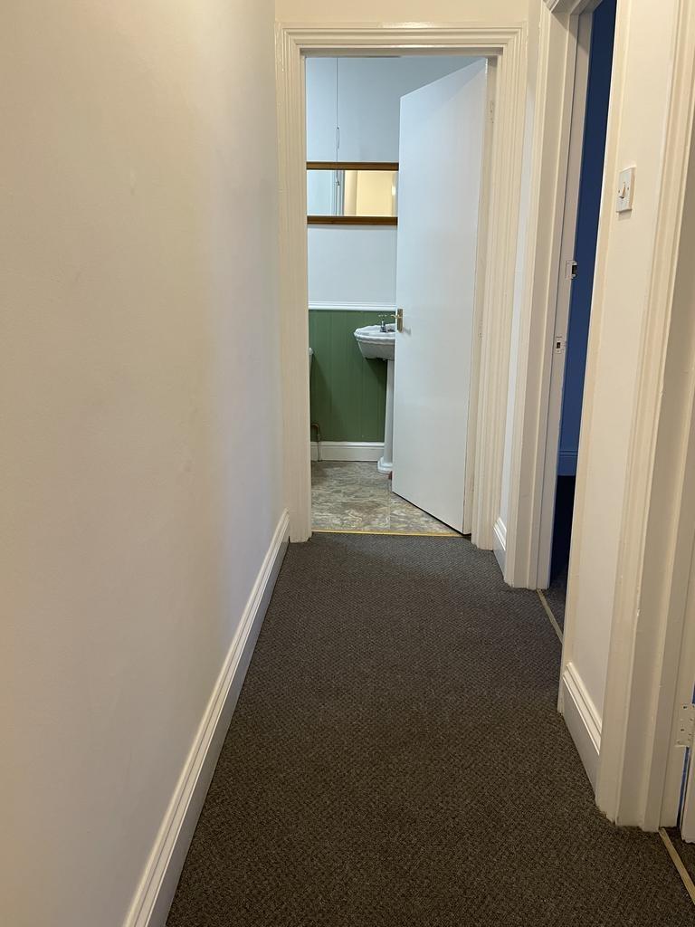Bright, freshly painted hallway with neat carpe...