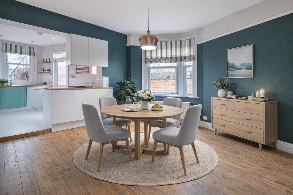 Modern dining space with fireplace and plants.png
