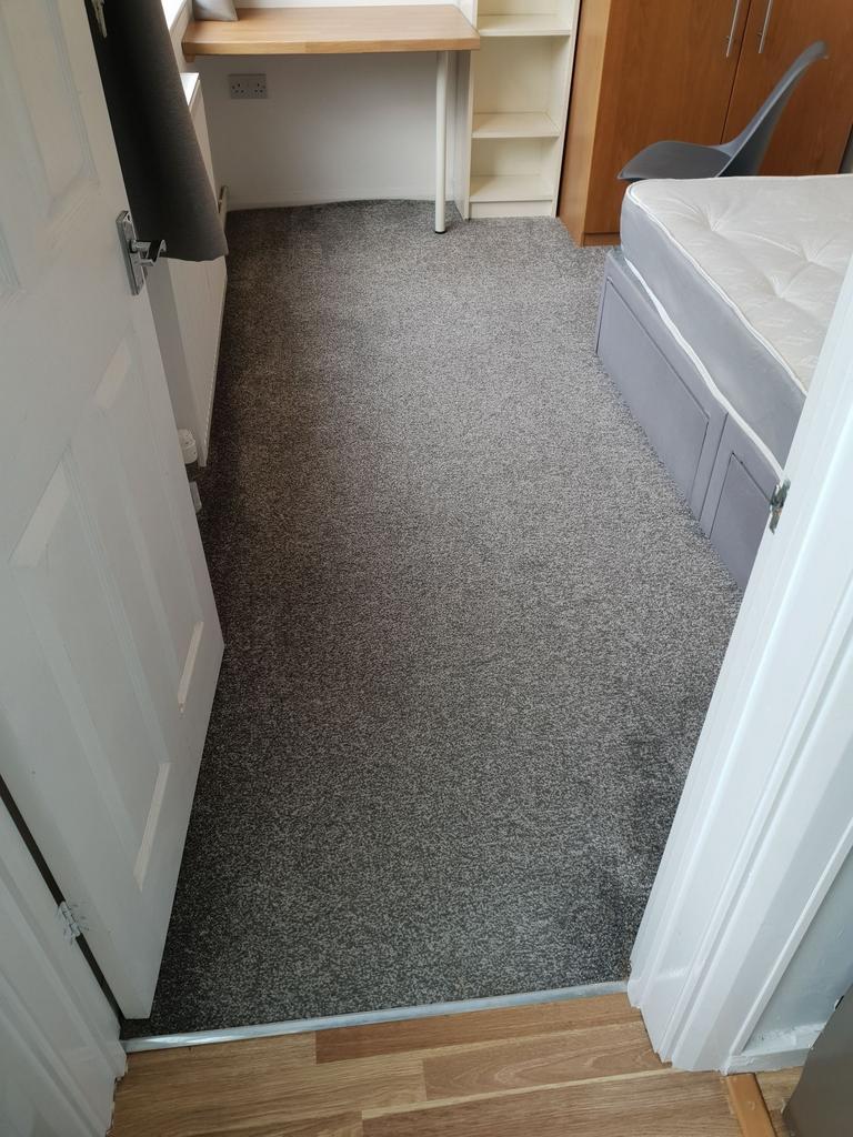 Neat, freshly carpeted bedroom with a compact s...