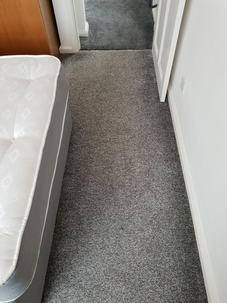 Neat, freshly carpeted bedroom area with a comf...