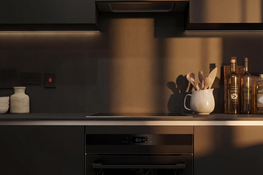 Dusk close up of kitchen counter with utensils