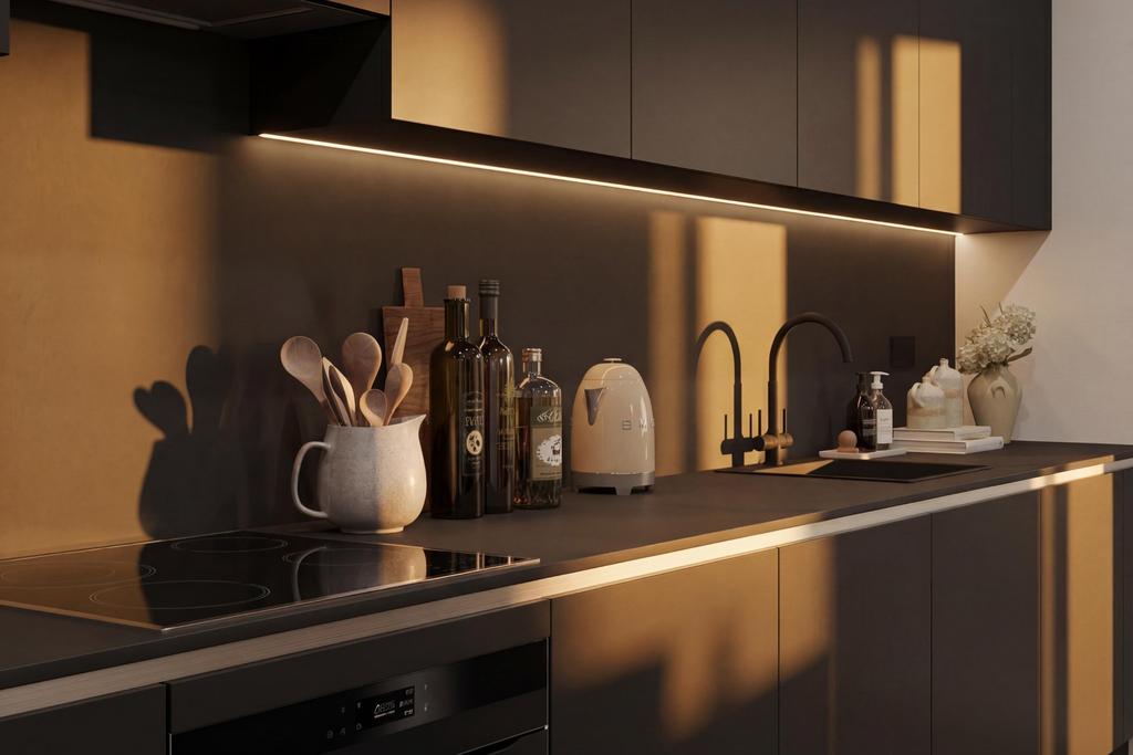Dusk photo of kitchen counter with utensils on...