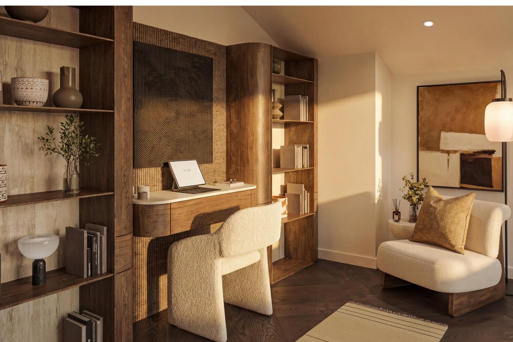 Dusk photo of study area with central desk and...