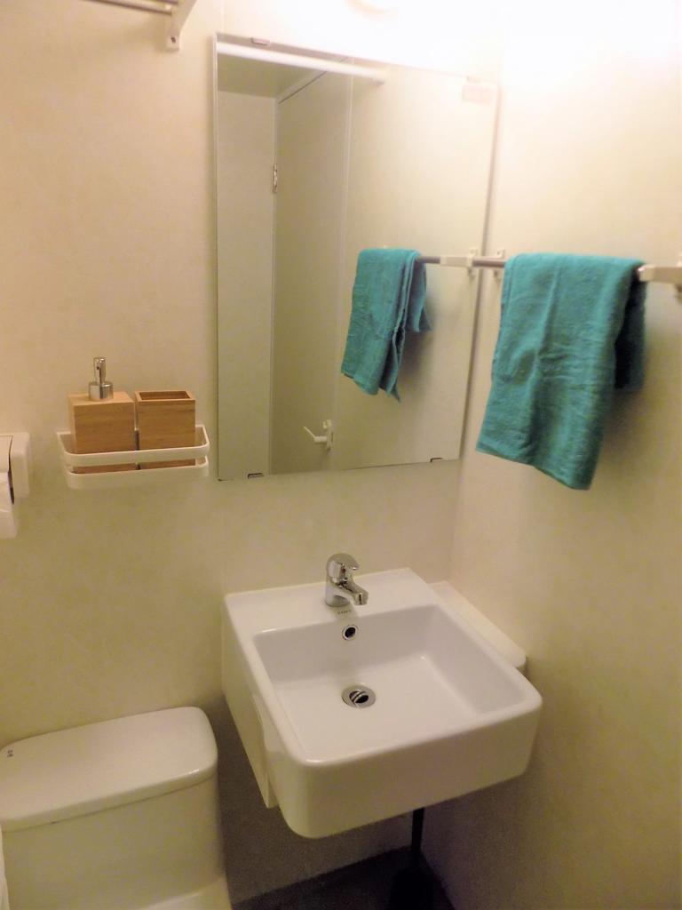 Compact, well-kept bathroom with a modern wall-...