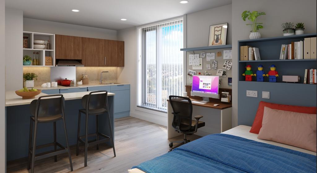 Bright, stylish studio room with a well-equippe...