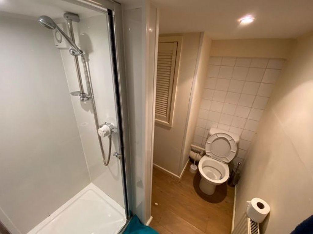 Compact, modern bathroom with an enclosed showe...