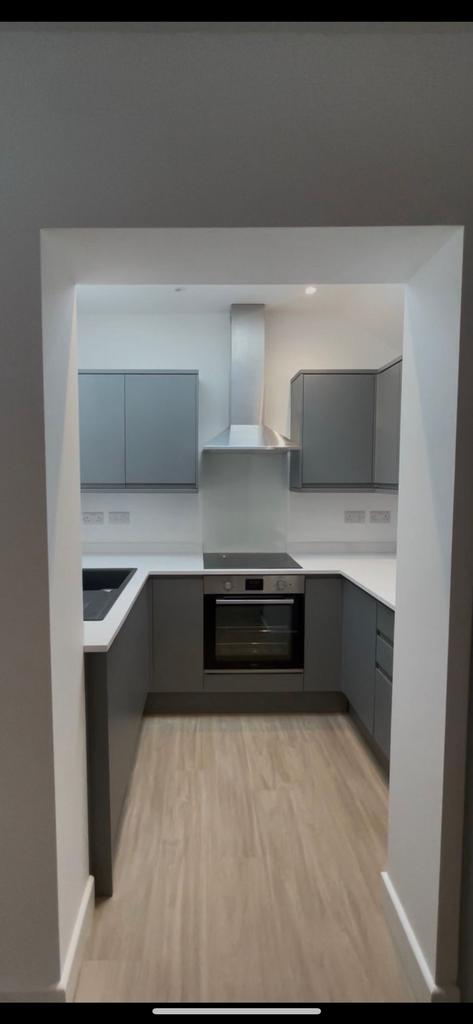 Contemporary galley kitchen with grey handleles...
