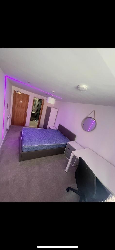 Bright, modern bedroom with a double bed, study...