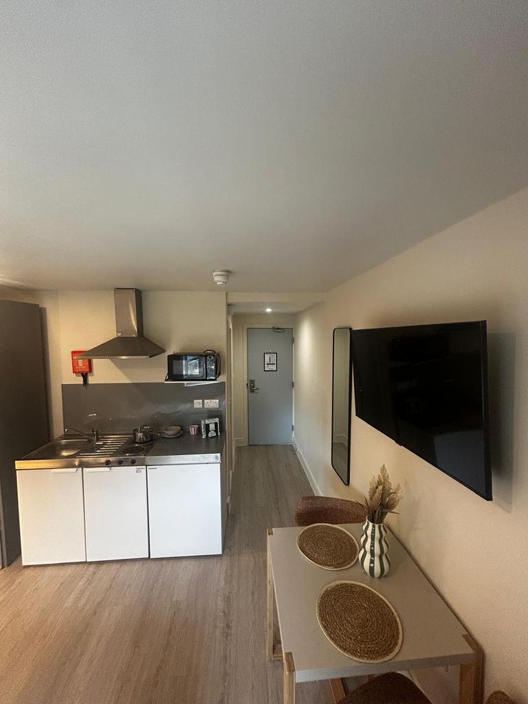 Modern open-plan studio kitchenette with a comp...