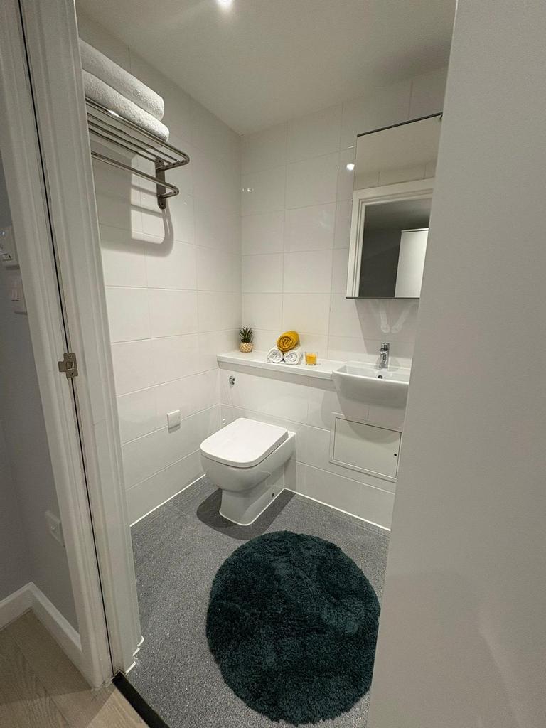 Bright, modern WC with a wall-hung toilet and c...