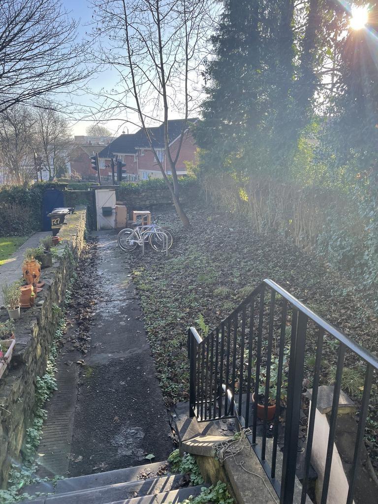 Sunny private garden with a paved pathway, matu...