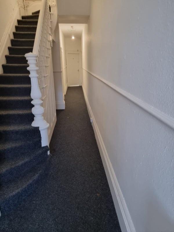 Long carpeted hallway with decorative painted w...