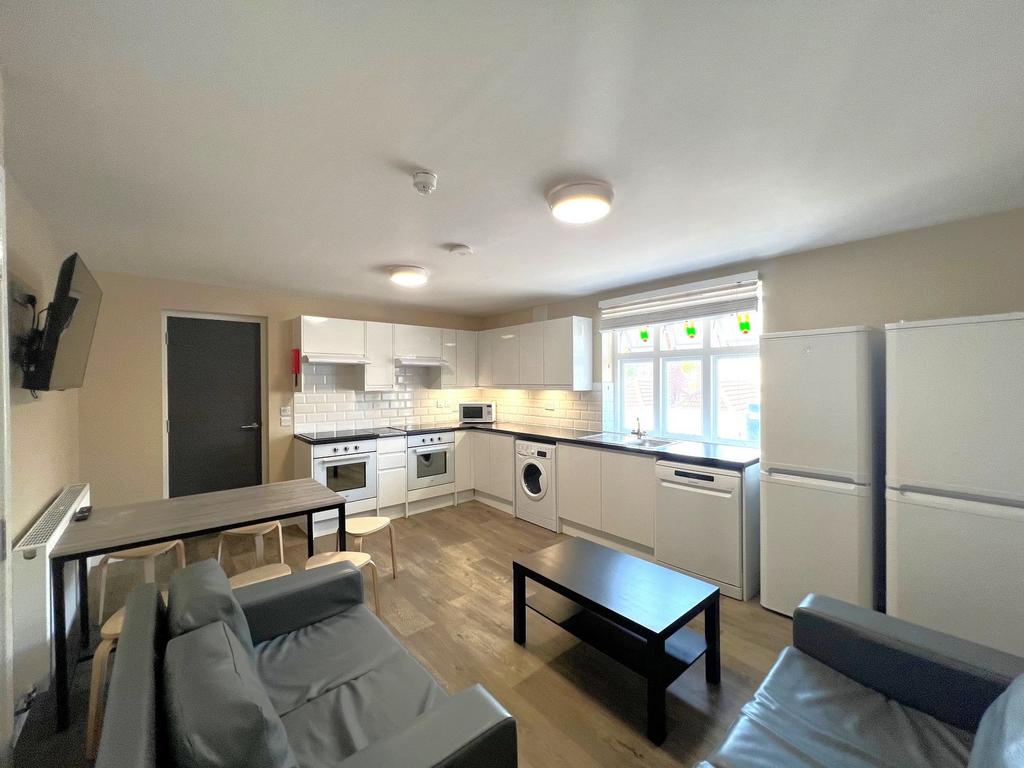 Bright, open-plan lounge and kitchen with moder...