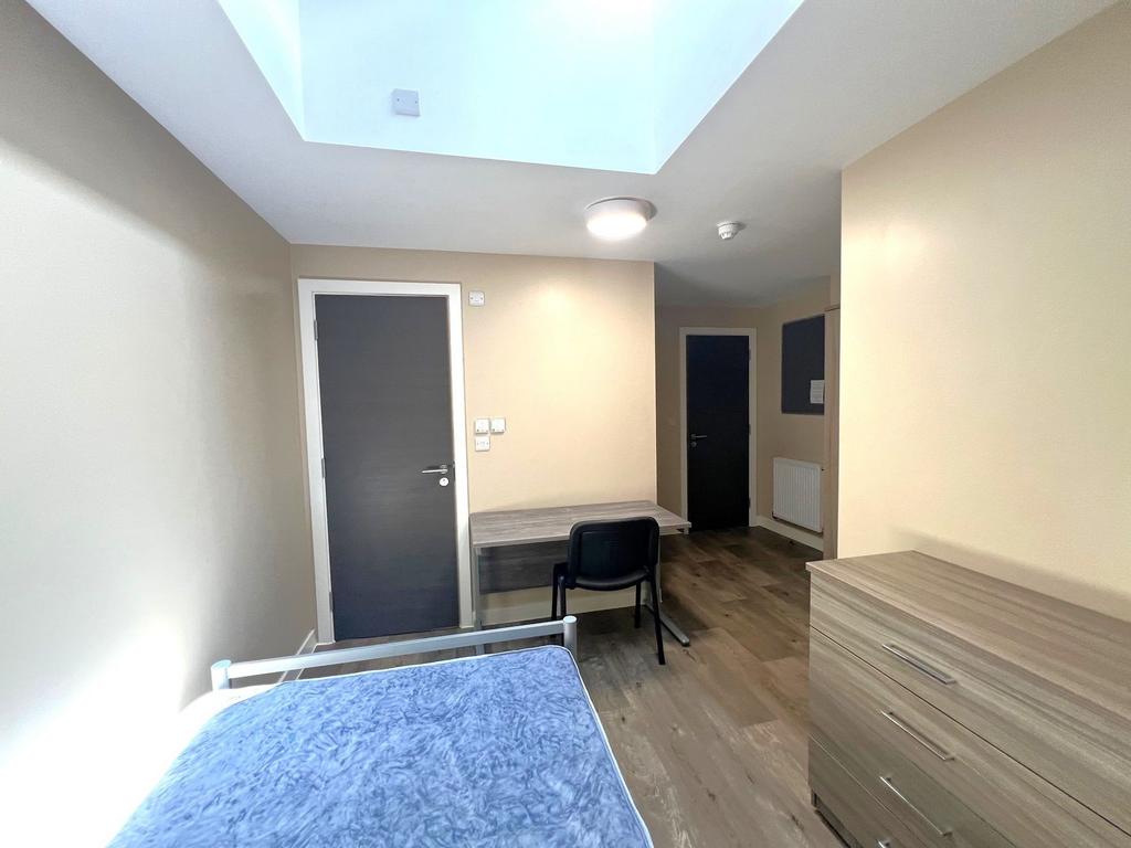 Bright, well-maintained bedroom with a large sk...