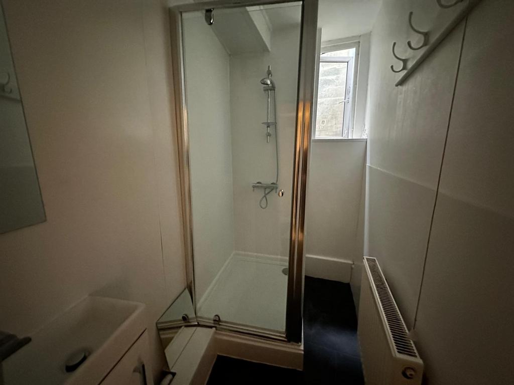 Compact bathroom with an enclosed shower cubicl...