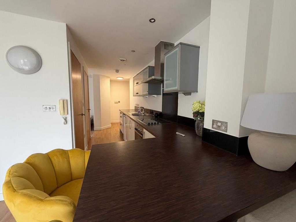 Contemporary galley-style kitchen with a dark w...
