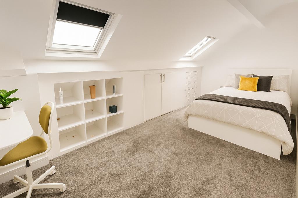 Bright, stylish attic bedroom with a comfortabl...