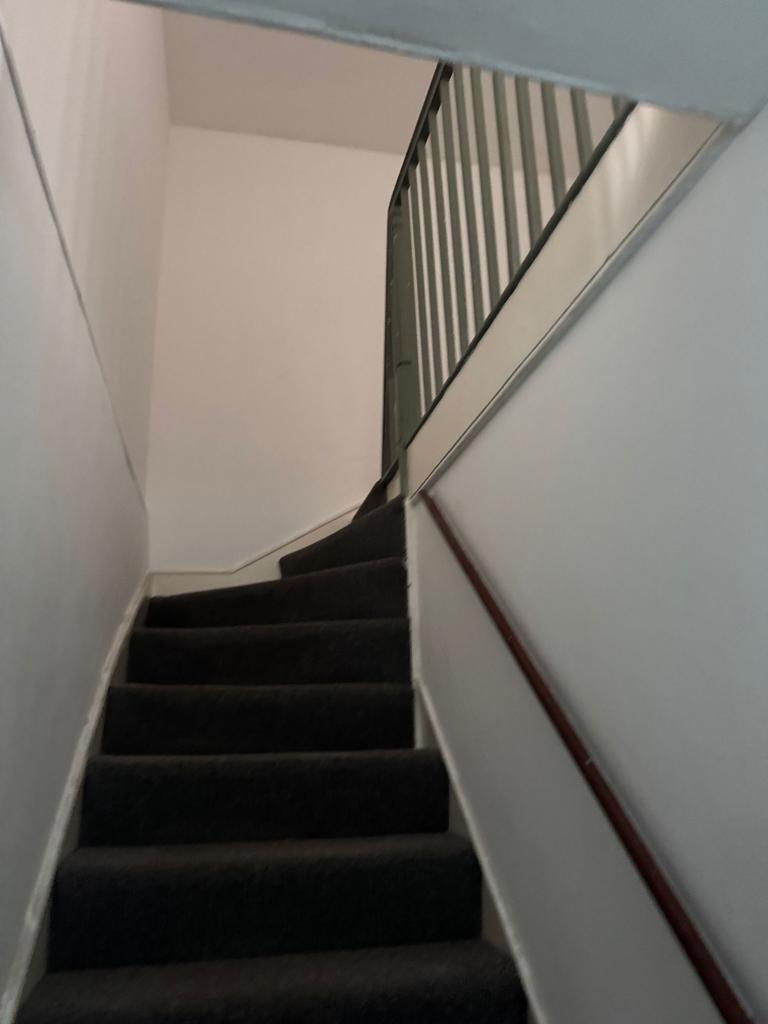 Carpeted interior staircase with a simple woode...