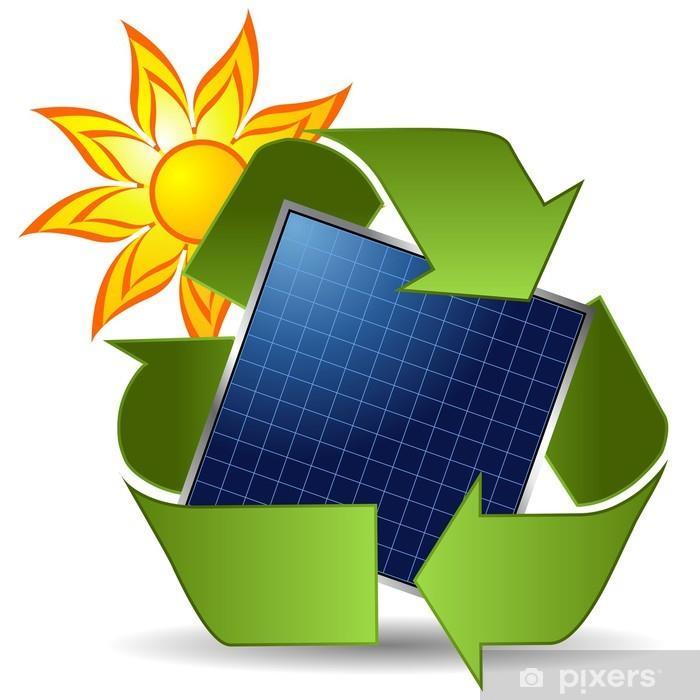 Stickers-sun-recycle-symbol-and-solar-panel-over-w