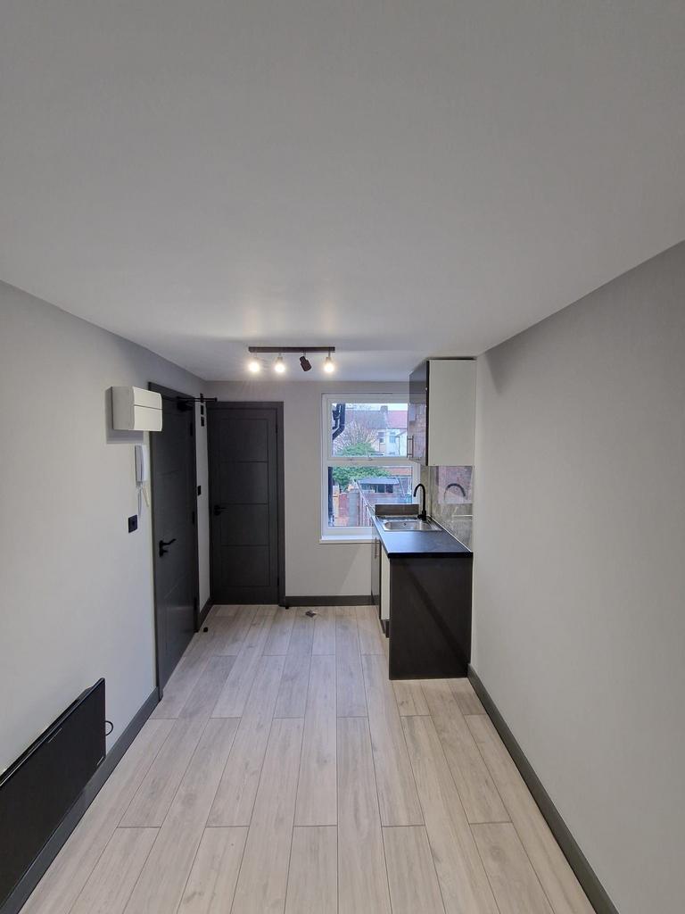Modern narrow kitchen area with light wood-effe...