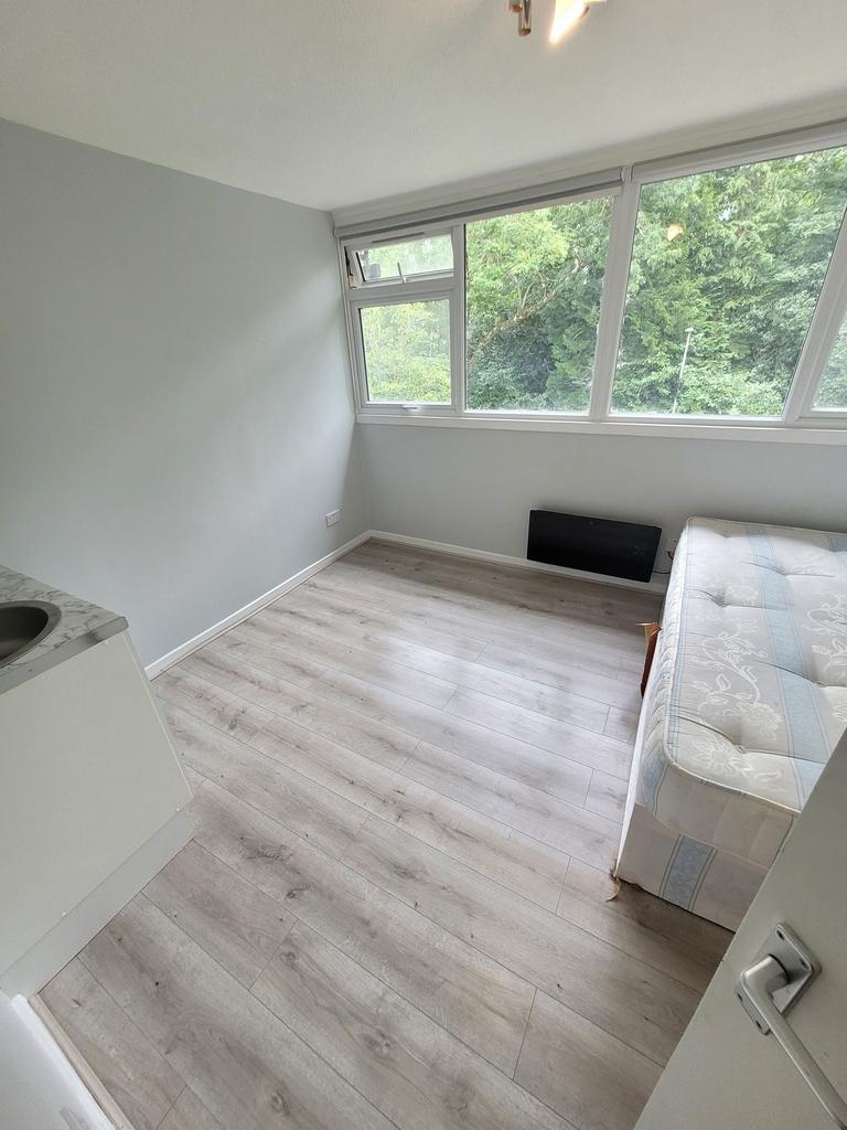 Bright single bedroom with large windows overlo...