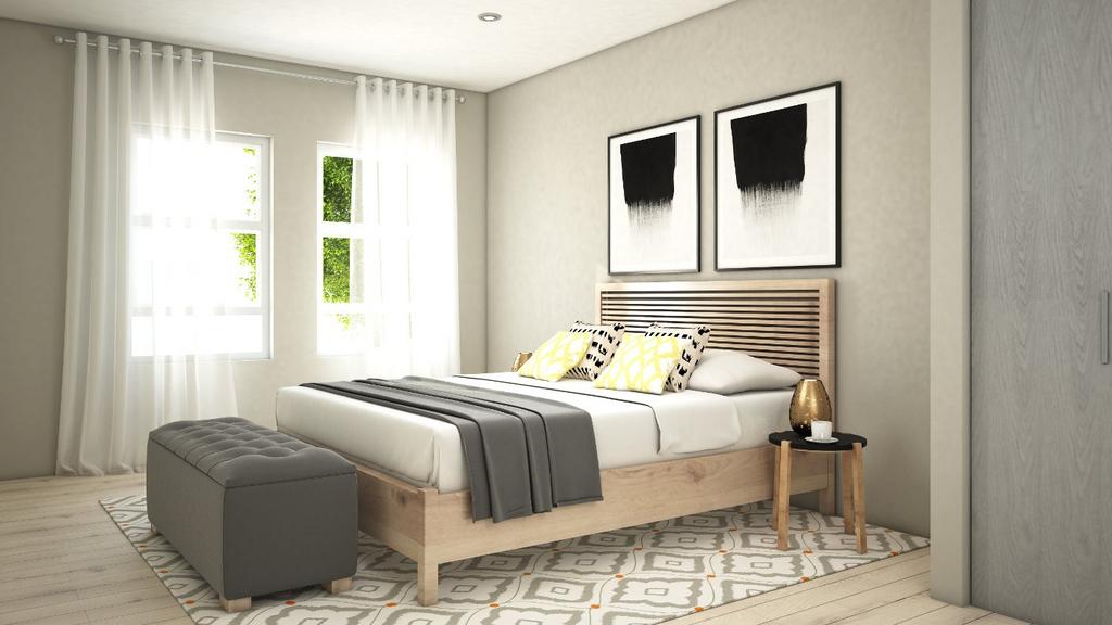 Well-lit master bedroom featuring a modern doub...