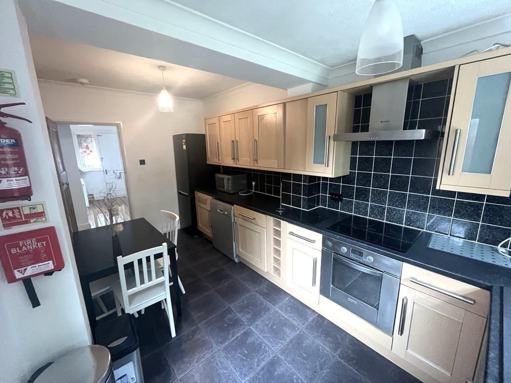 Well-equipped modern kitchen with light wood ca...