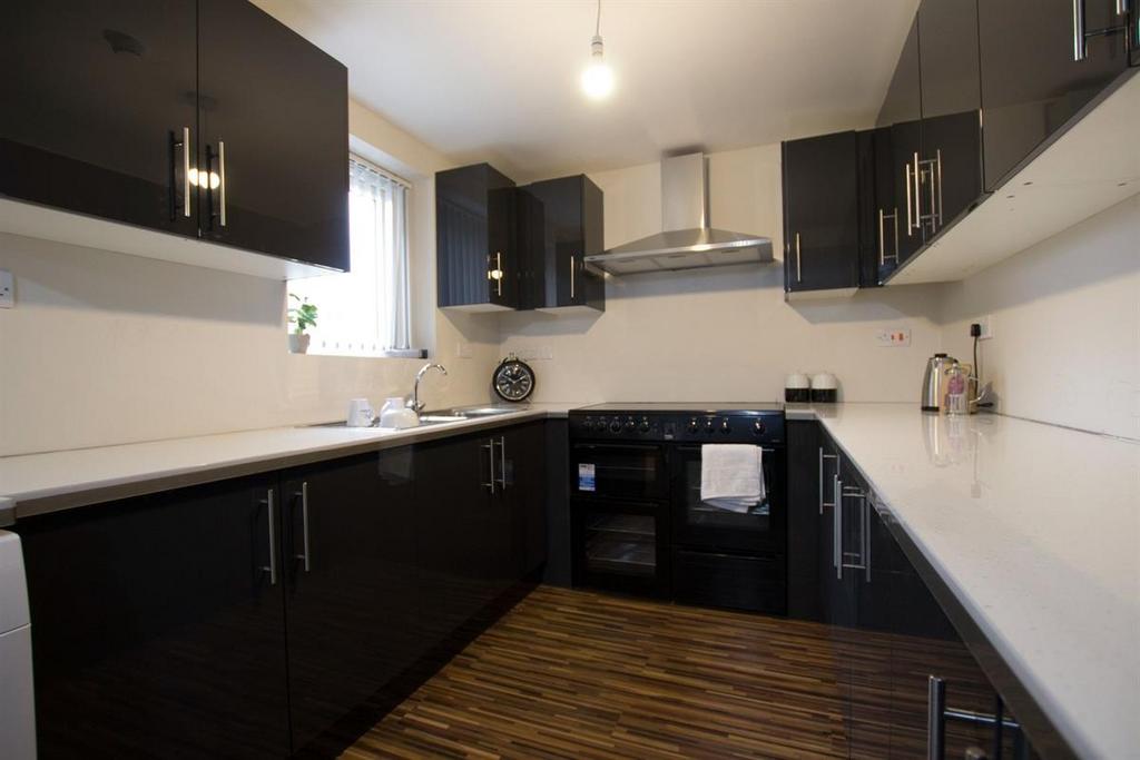 Modern galley kitchen with sleek dark cabinetry...