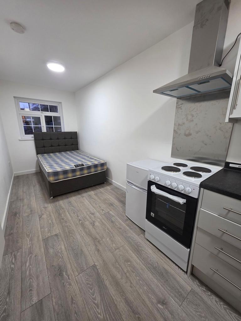 Bright, modern studio room with wood-effect flo...