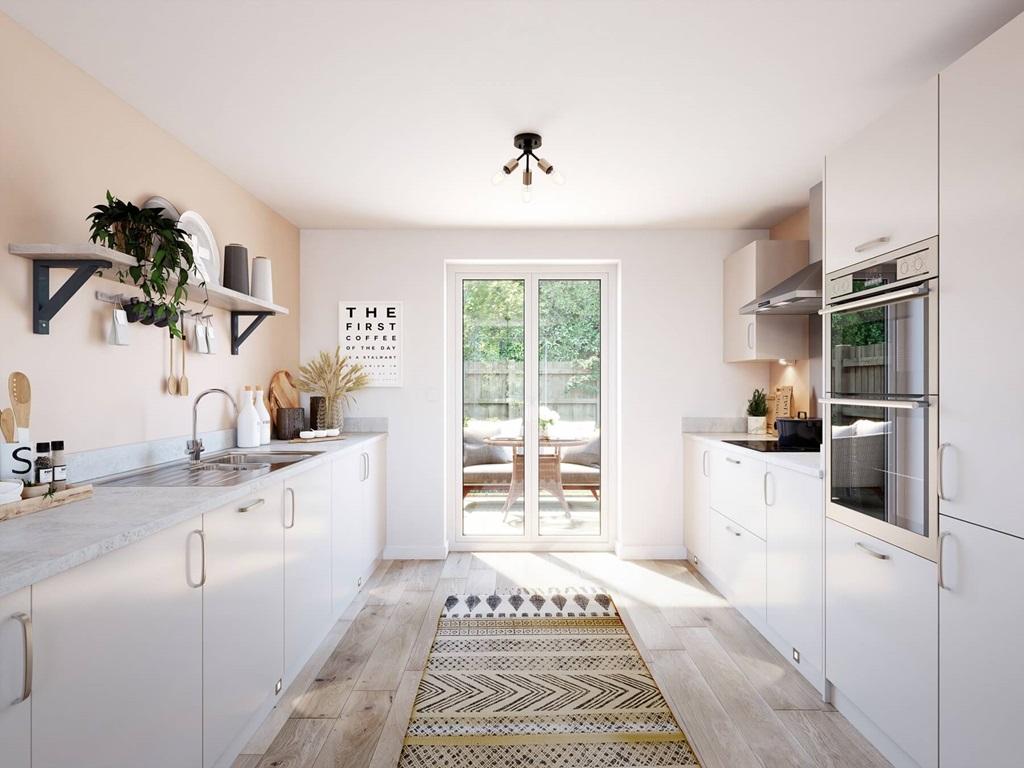 A modern kitchen with high quality fixtures and...