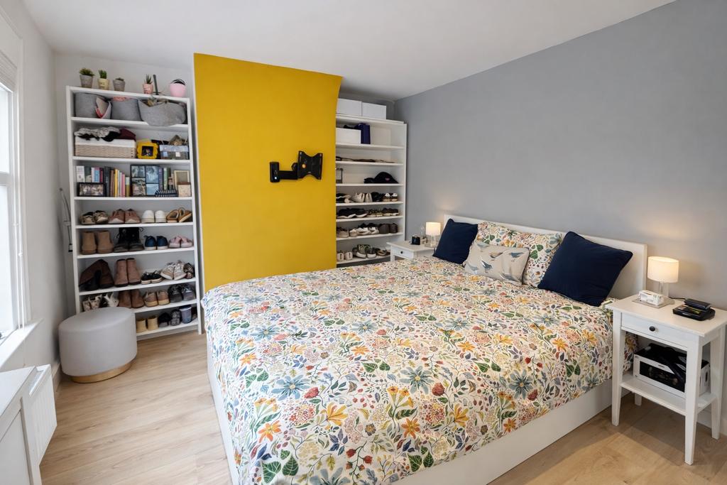 Bright, stylish bedroom with a large floral-pat...