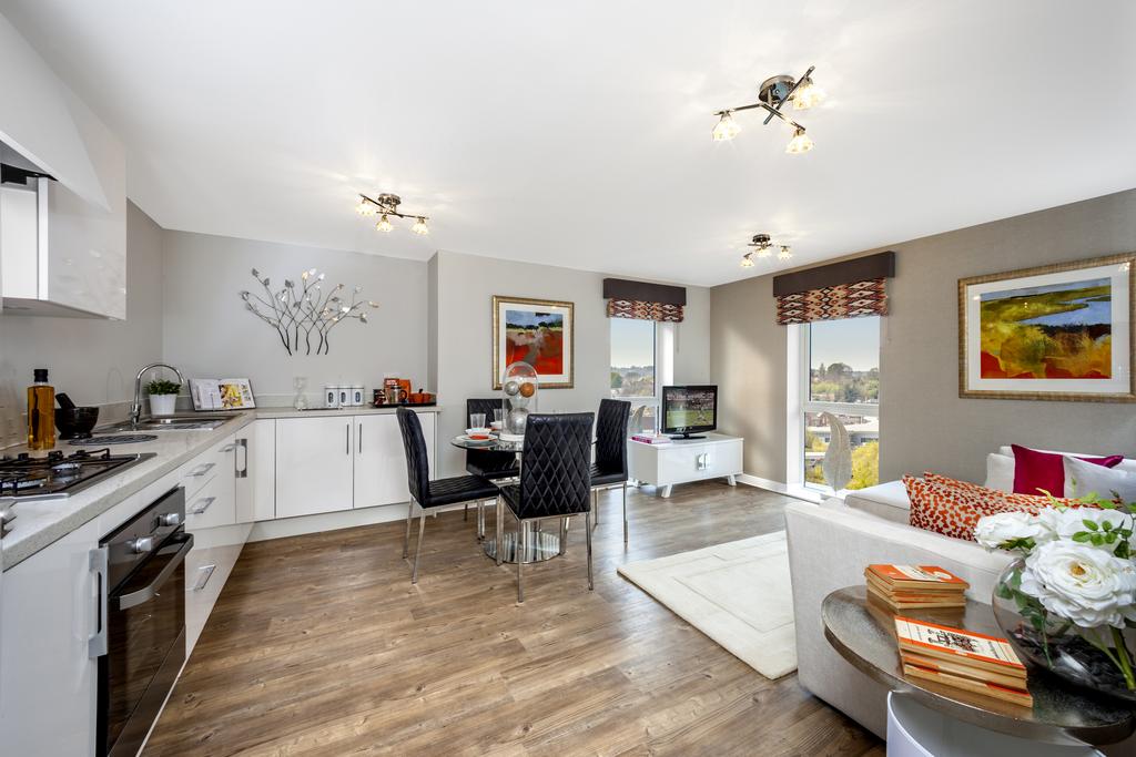 Open-plan apartment lounge and kitchen area