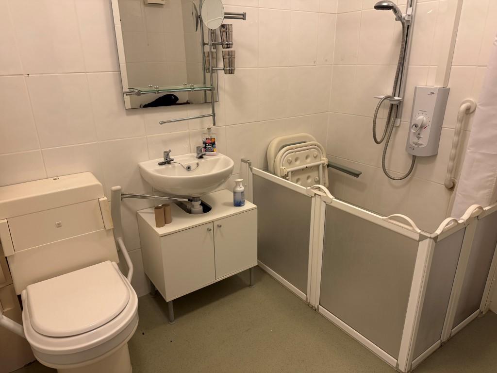 White shower room with WC and sink