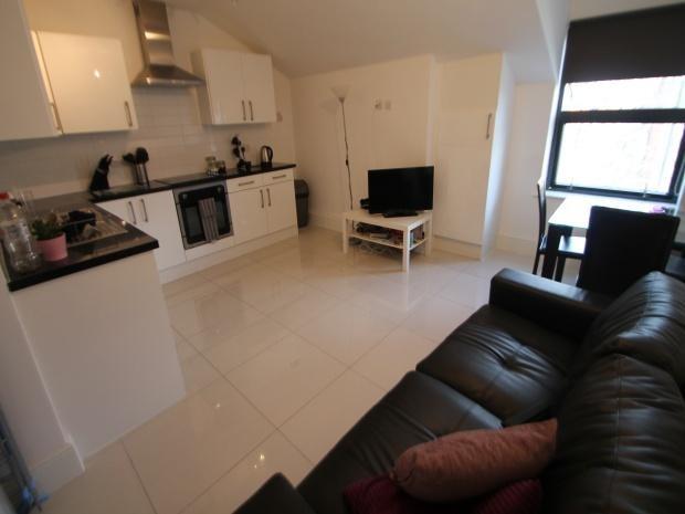 Open-plan lounge with kitchen and seating...