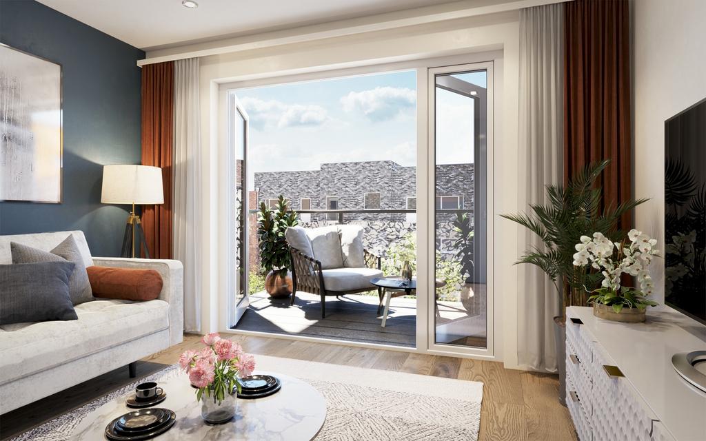 Courtyard apartment with french doors leading...