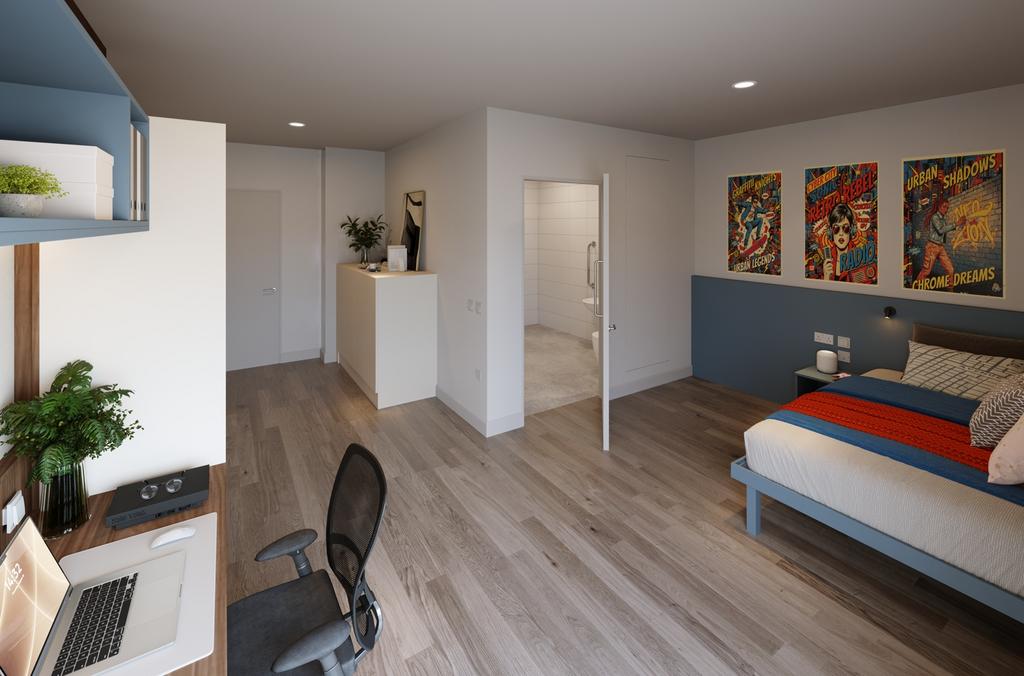 Bright, contemporary double bedroom with a stud...