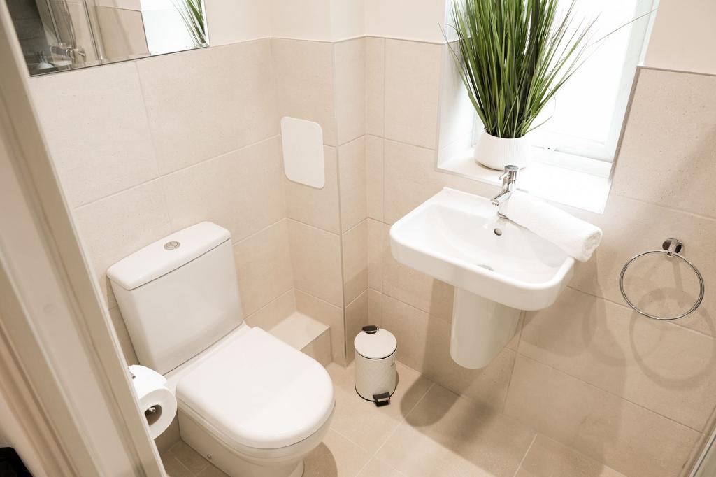 Bright modern bathroom with clean fixtures...