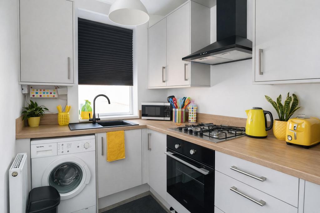 Bright, modern galley kitchen with clean white ...