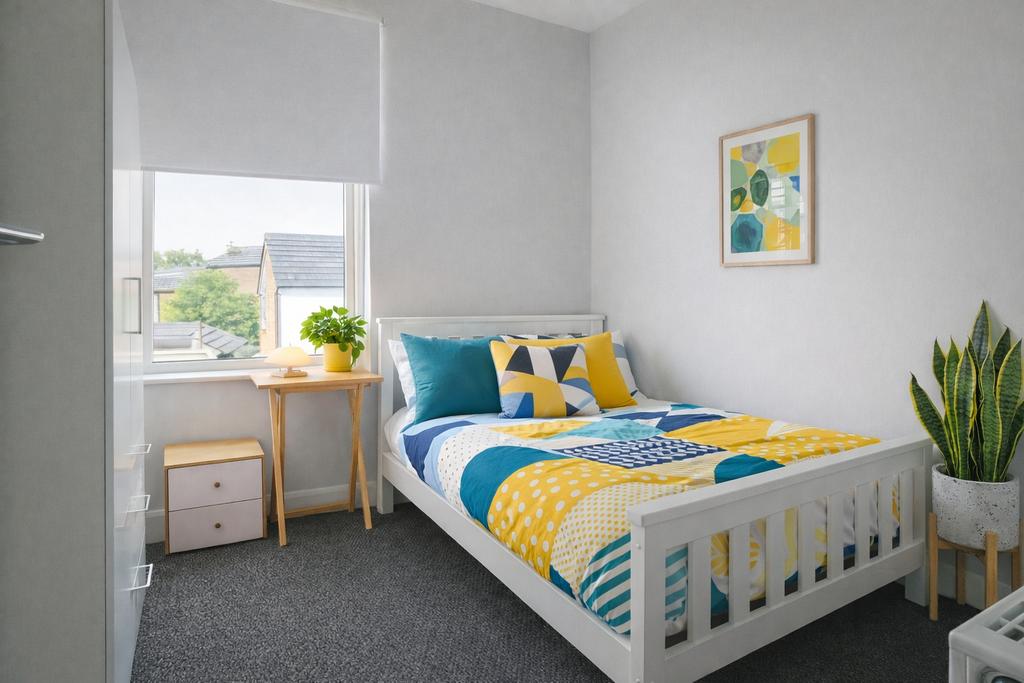 Bright, recently refreshed bedroom with a white...