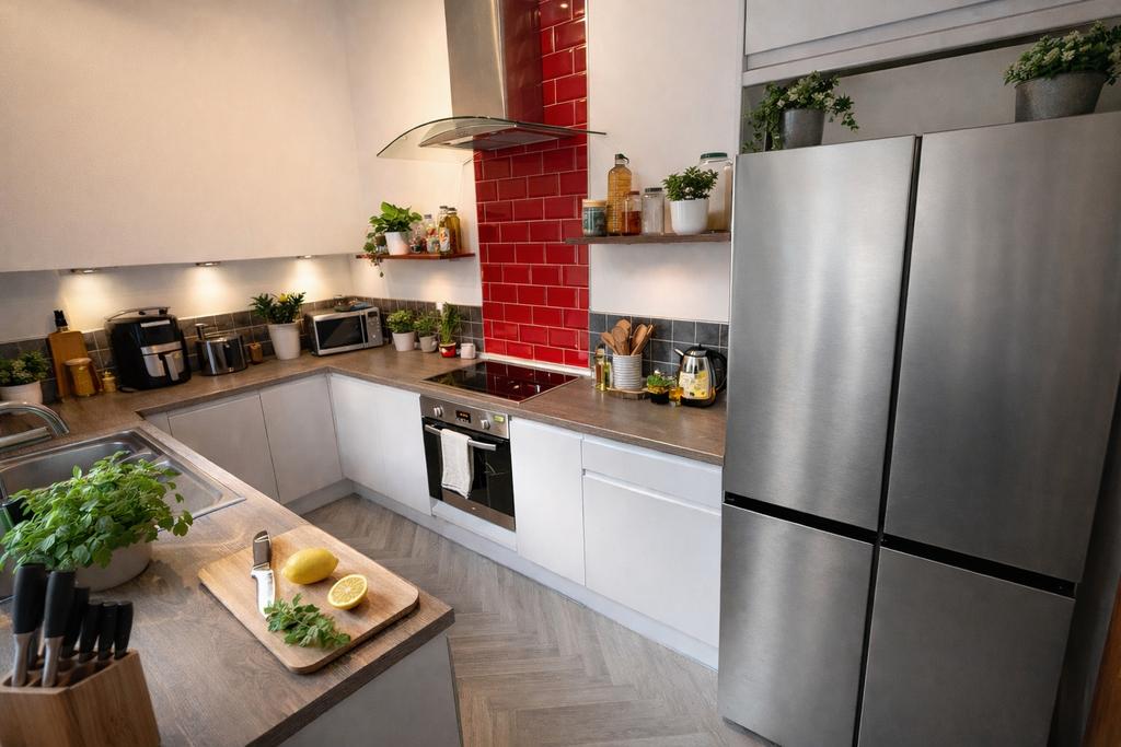 Modern L-shaped kitchen with stainless steel ap...