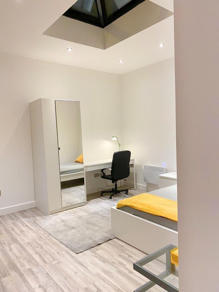 Bright, modern bedroom with desk and skylight...