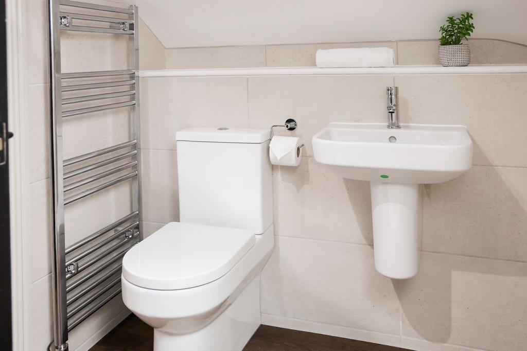 Bright modern bathroom with clean fixtures...
