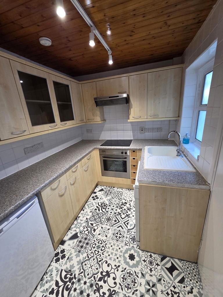 Well-equipped galley kitchen with patterned flo...