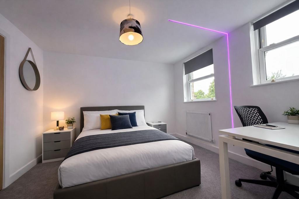 Bright stylish bedroom with desk and storage...