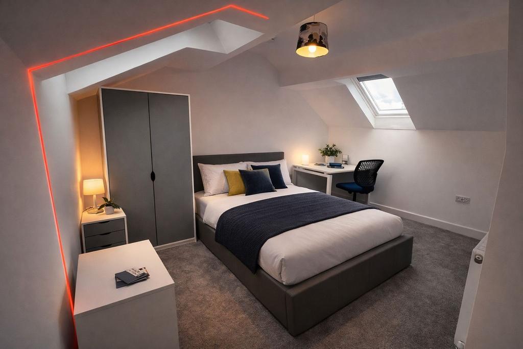 Modern double room with desk and skylight...