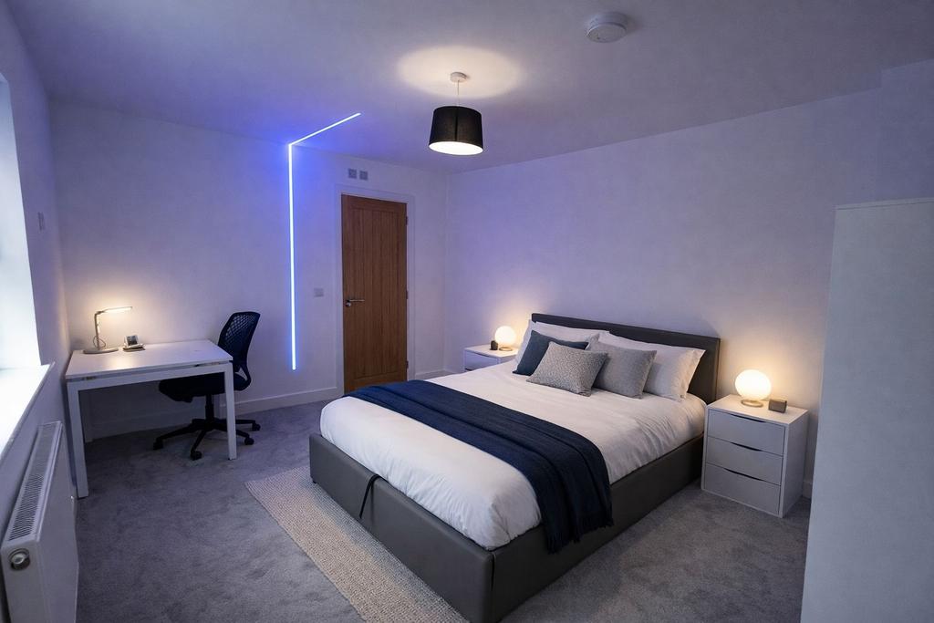 Modern double bedroom with desk and ambient lig...