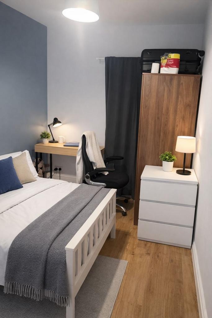 Bright, tidy bedroom with study area and storag...