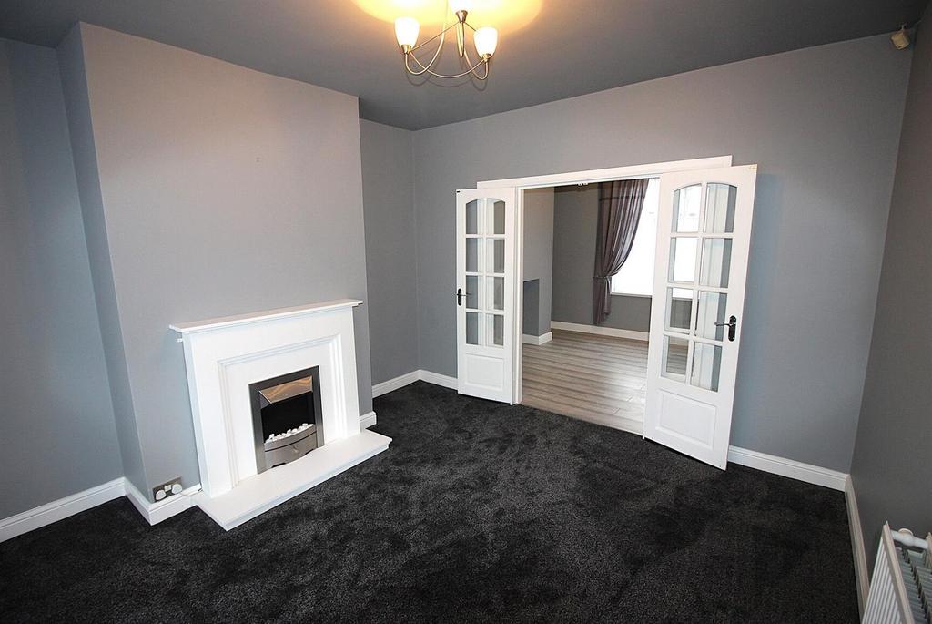 Stylish living room with fireplace and doubledo...