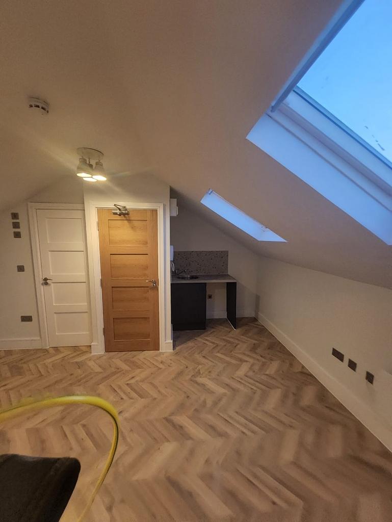 Bright attic studio with skylights and wood flo...